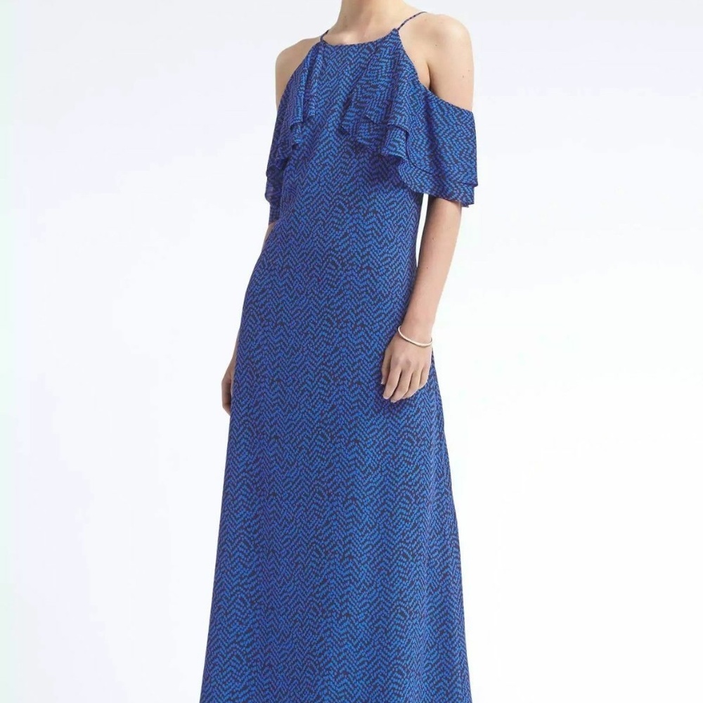 Banana Republic Cold Shoulder Ruffle Maxi Dress Cobalt Print 12P NWOT